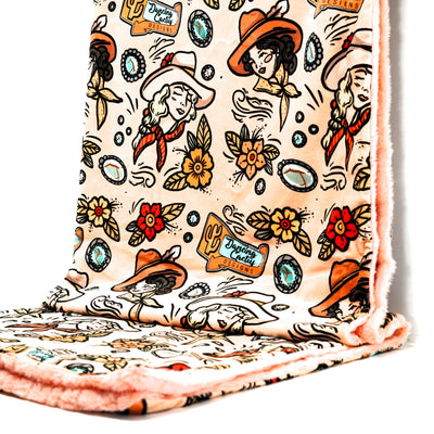 Adult Sized Minky Blanket - Bubblegum Vienna w/ Cartoon Pinup Girls-Adult Sized Minky Blanket-Western-Cowhide-Bags-Handmade-Products-Gifts-Dancing Cactus Designs