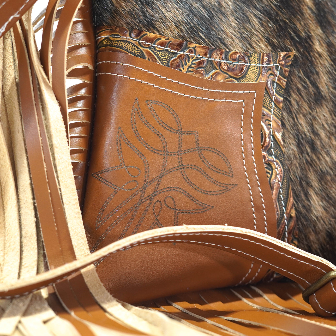 Shania - Two-Tone Brindle w/ Wyoming Tool-Shania-Western-Cowhide-Bags-Handmade-Products-Gifts-Dancing Cactus Designs