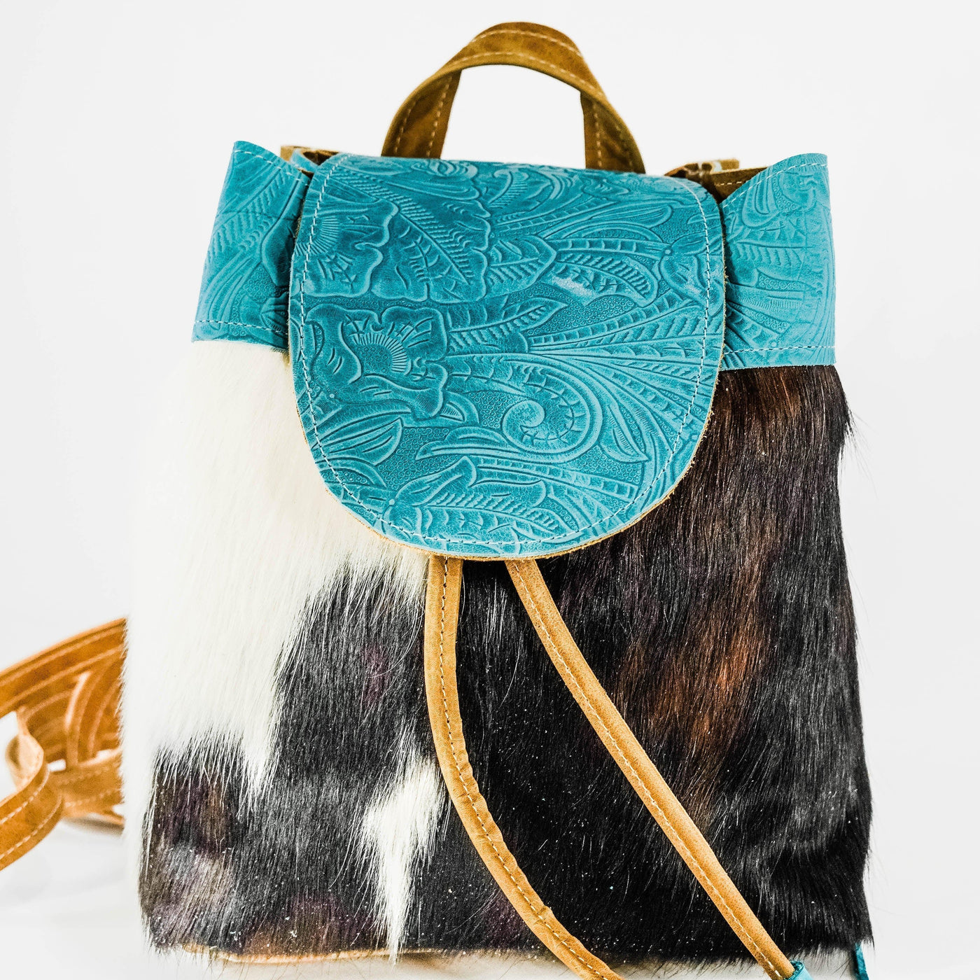 004 Mini Kelsea Backpack - Triocolor w/ Turquoise Denver Tool-Mini Kelsea Backpack-Western-Cowhide-Bags-Handmade-Products-Gifts-Dancing Cactus Designs