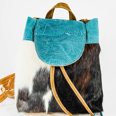 004 Mini Kelsea Backpack - Triocolor w/ Turquoise Denver Tool-Mini Kelsea Backpack-Western-Cowhide-Bags-Handmade-Products-Gifts-Dancing Cactus Designs