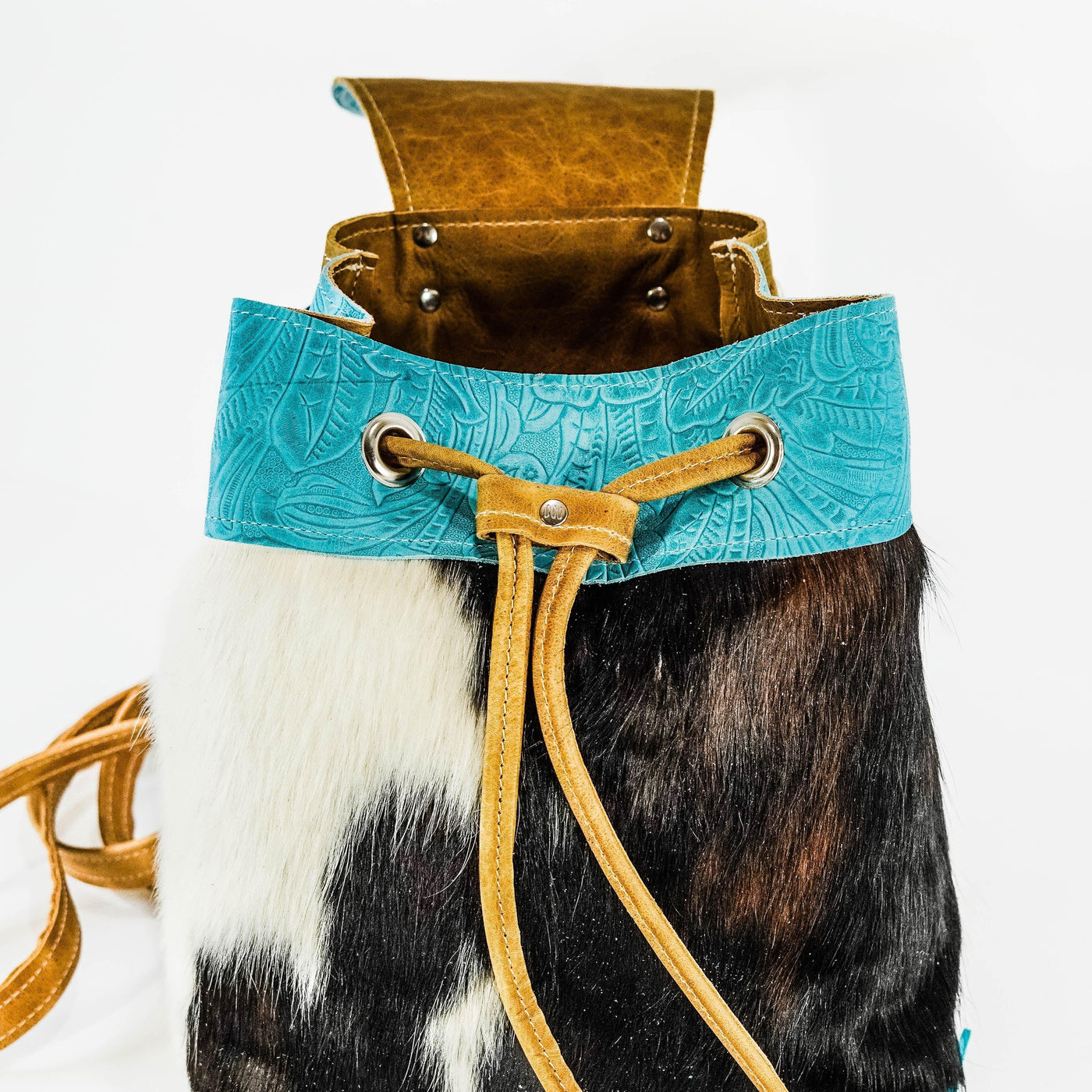 004 Mini Kelsea Backpack - Triocolor w/ Turquoise Denver Tool-Mini Kelsea Backpack-Western-Cowhide-Bags-Handmade-Products-Gifts-Dancing Cactus Designs