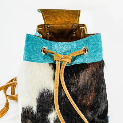 004 Mini Kelsea Backpack - Triocolor w/ Turquoise Denver Tool-Mini Kelsea Backpack-Western-Cowhide-Bags-Handmade-Products-Gifts-Dancing Cactus Designs