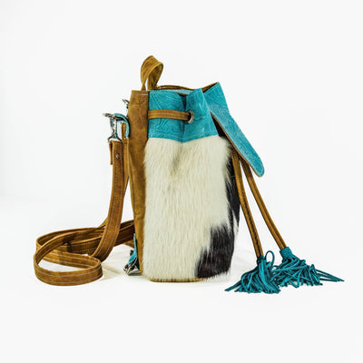 004 Mini Kelsea Backpack - Triocolor w/ Turquoise Denver Tool-Mini Kelsea Backpack-Western-Cowhide-Bags-Handmade-Products-Gifts-Dancing Cactus Designs