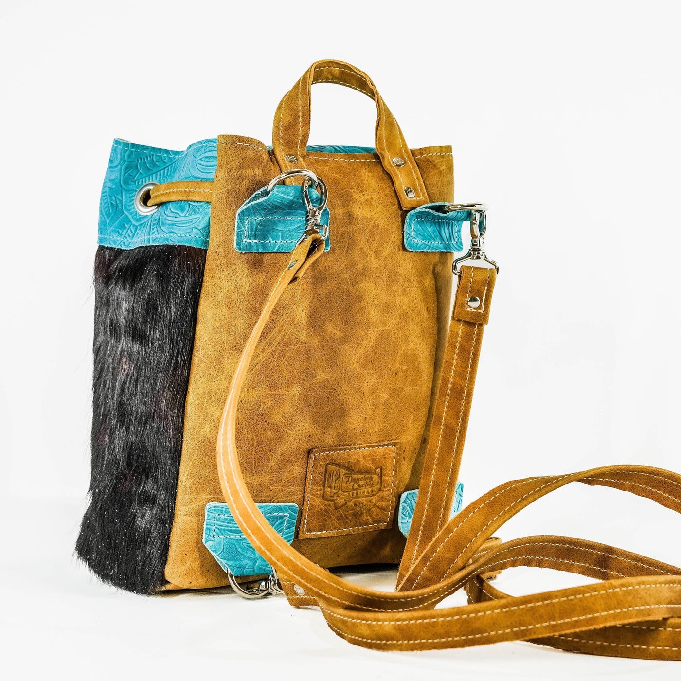 004 Mini Kelsea Backpack - Triocolor w/ Turquoise Denver Tool-Mini Kelsea Backpack-Western-Cowhide-Bags-Handmade-Products-Gifts-Dancing Cactus Designs