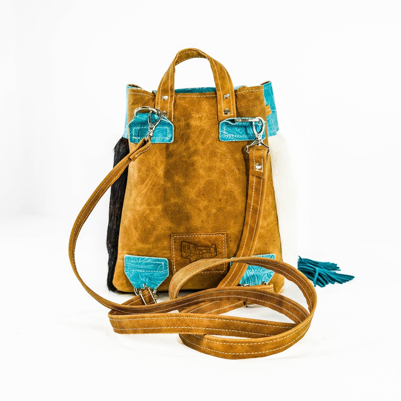 004 Mini Kelsea Backpack - Triocolor w/ Turquoise Denver Tool-Mini Kelsea Backpack-Western-Cowhide-Bags-Handmade-Products-Gifts-Dancing Cactus Designs