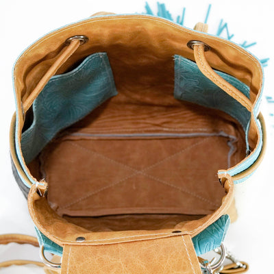 004 Mini Kelsea Backpack - Triocolor w/ Turquoise Denver Tool-Mini Kelsea Backpack-Western-Cowhide-Bags-Handmade-Products-Gifts-Dancing Cactus Designs