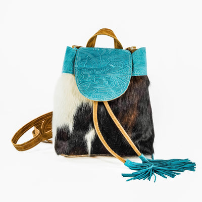 004 Mini Kelsea Backpack - Triocolor w/ Turquoise Denver Tool-Mini Kelsea Backpack-Western-Cowhide-Bags-Handmade-Products-Gifts-Dancing Cactus Designs