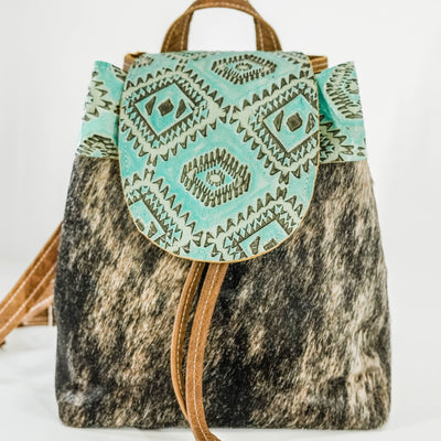 005 Mini Kelsea Backpack - Brindle w/ Caribbean Aztec-Mini Kelsea Backpack-Western-Cowhide-Bags-Handmade-Products-Gifts-Dancing Cactus Designs