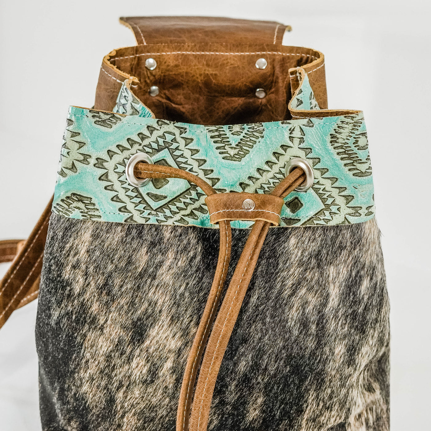005 Mini Kelsea Backpack - Brindle w/ Caribbean Aztec-Mini Kelsea Backpack-Western-Cowhide-Bags-Handmade-Products-Gifts-Dancing Cactus Designs