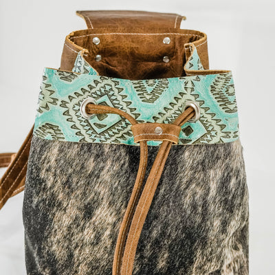 005 Mini Kelsea Backpack - Brindle w/ Caribbean Aztec-Mini Kelsea Backpack-Western-Cowhide-Bags-Handmade-Products-Gifts-Dancing Cactus Designs