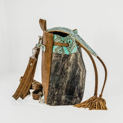 005 Mini Kelsea Backpack - Brindle w/ Caribbean Aztec-Mini Kelsea Backpack-Western-Cowhide-Bags-Handmade-Products-Gifts-Dancing Cactus Designs