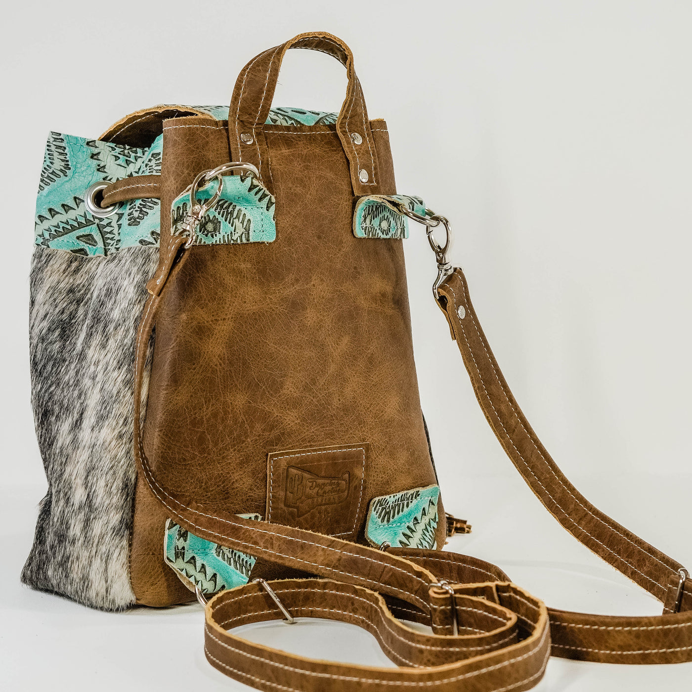 005 Mini Kelsea Backpack - Brindle w/ Caribbean Aztec-Mini Kelsea Backpack-Western-Cowhide-Bags-Handmade-Products-Gifts-Dancing Cactus Designs