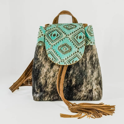 005 Mini Kelsea Backpack - Brindle w/ Caribbean Aztec-Mini Kelsea Backpack-Western-Cowhide-Bags-Handmade-Products-Gifts-Dancing Cactus Designs