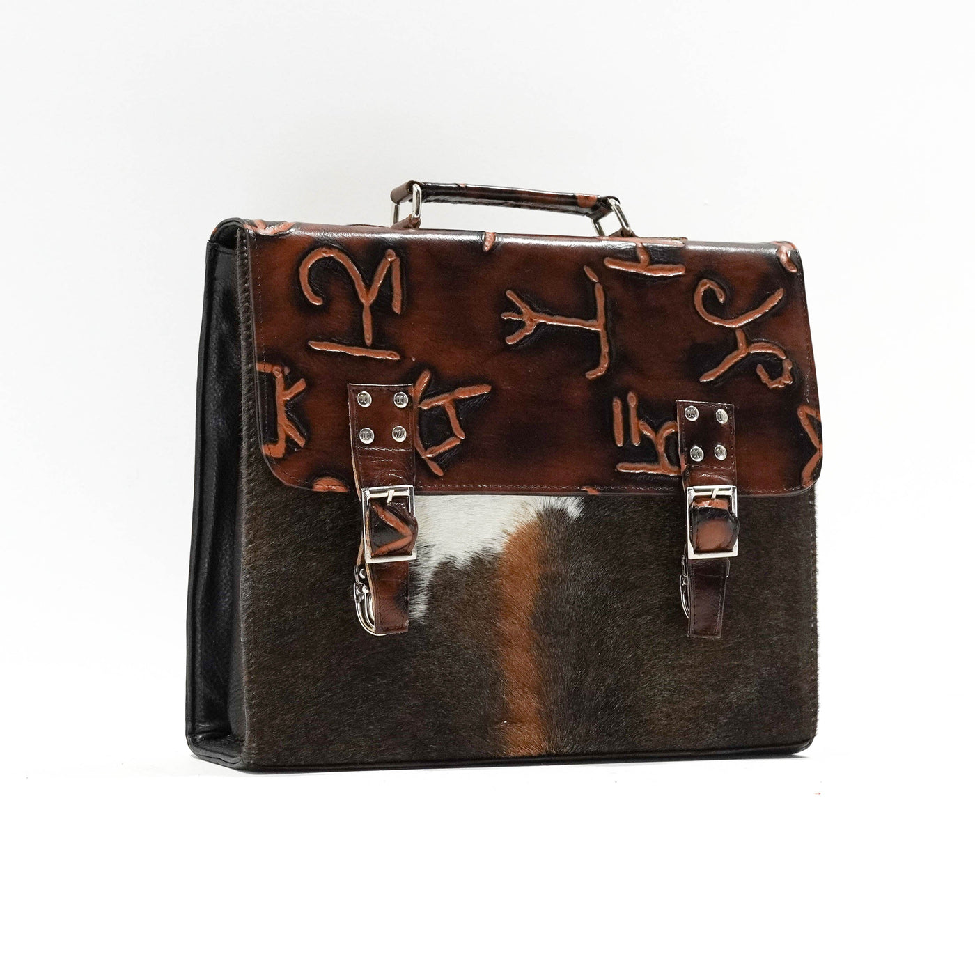 Briefcase - Chocolate & White w/ Burnt Brands-Briefcase-Western-Cowhide-Bags-Handmade-Products-Gifts-Dancing Cactus Designs