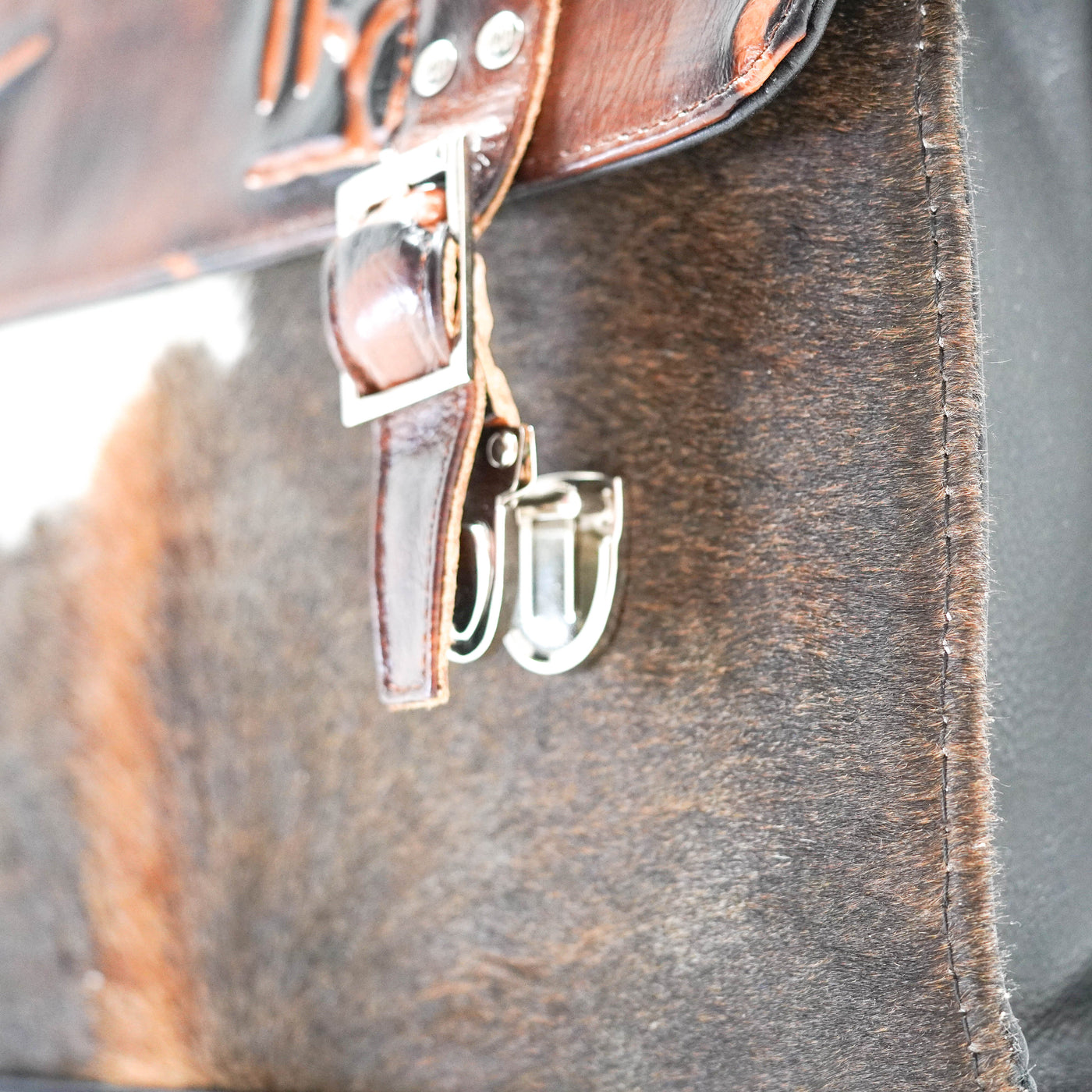 Briefcase - Chocolate & White w/ Burnt Brands-Briefcase-Western-Cowhide-Bags-Handmade-Products-Gifts-Dancing Cactus Designs