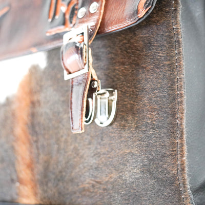 Briefcase - Chocolate & White w/ Burnt Brands-Briefcase-Western-Cowhide-Bags-Handmade-Products-Gifts-Dancing Cactus Designs