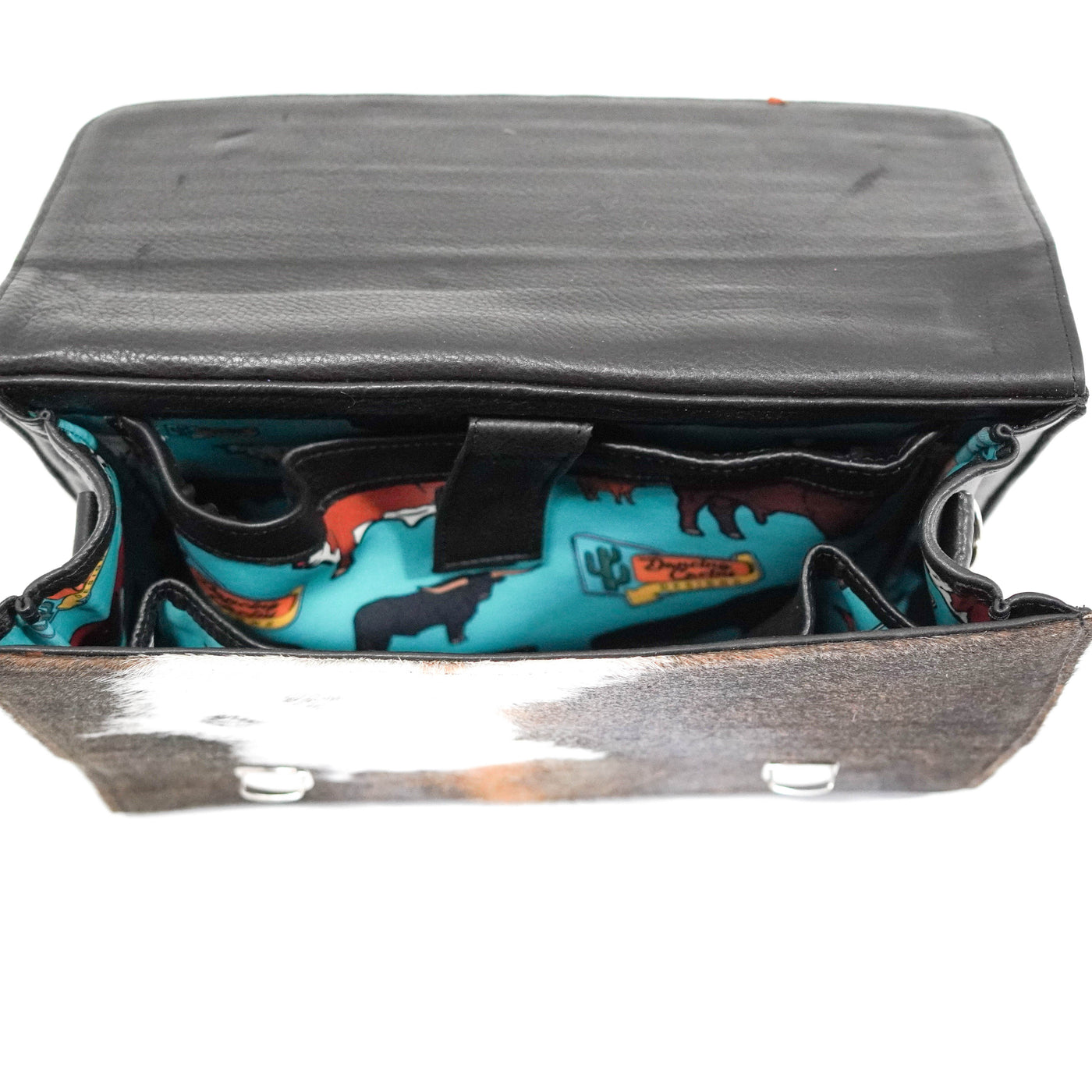 Briefcase - Chocolate & White w/ Burnt Brands-Briefcase-Western-Cowhide-Bags-Handmade-Products-Gifts-Dancing Cactus Designs