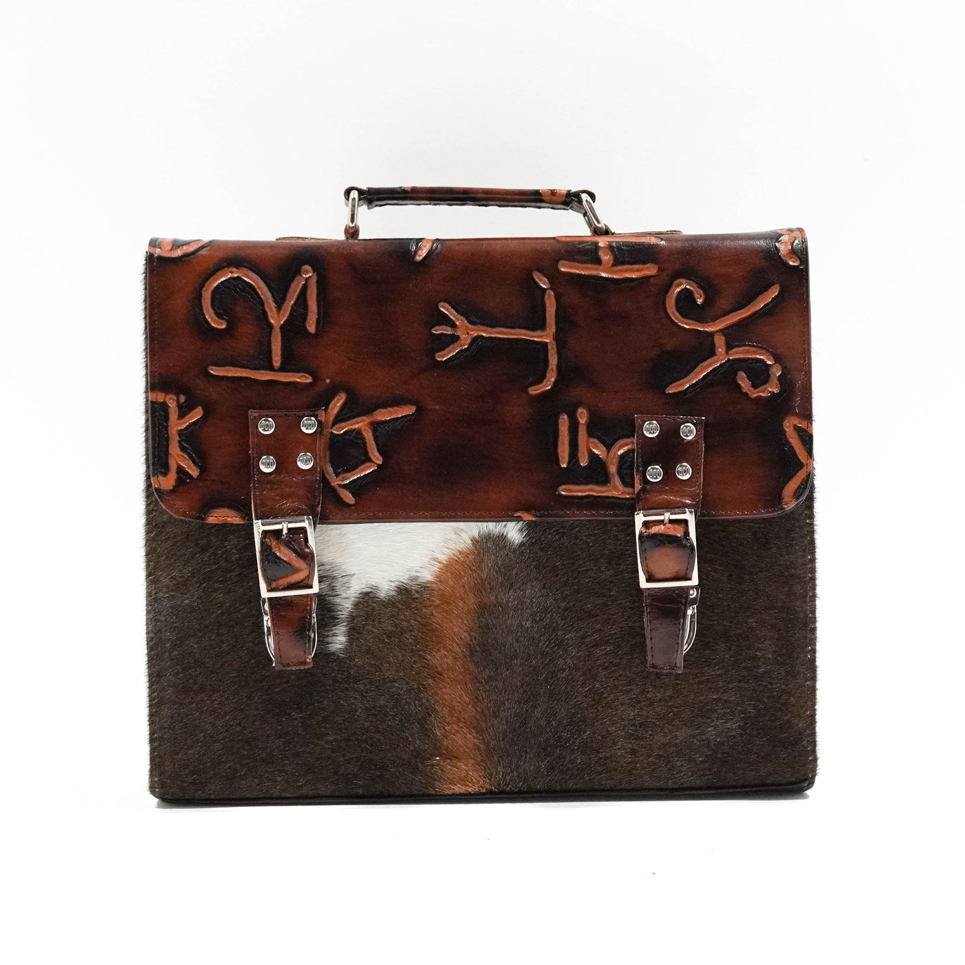 Briefcase - Chocolate & White w/ Burnt Brands-Briefcase-Western-Cowhide-Bags-Handmade-Products-Gifts-Dancing Cactus Designs