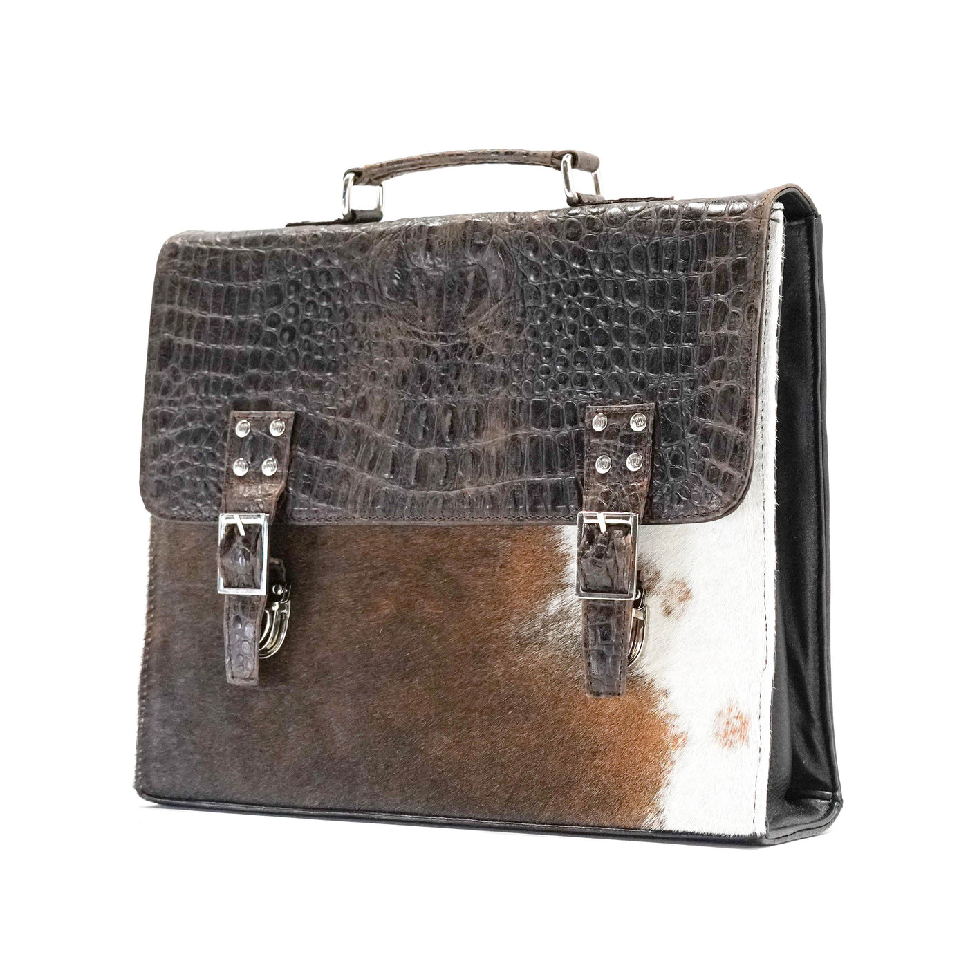 Briefcase - Chocolate & White w/ SPF Croc-Briefcase-Western-Cowhide-Bags-Handmade-Products-Gifts-Dancing Cactus Designs