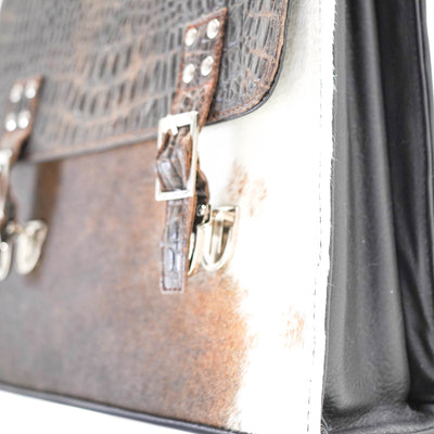 Briefcase - Chocolate & White w/ SPF Croc-Briefcase-Western-Cowhide-Bags-Handmade-Products-Gifts-Dancing Cactus Designs