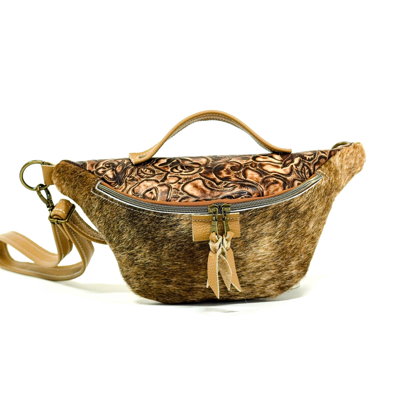 Bum Bag - Brindle w/ Deadwood Roses-Bum Bag-Western-Cowhide-Bags-Handmade-Products-Gifts-Dancing Cactus Designs