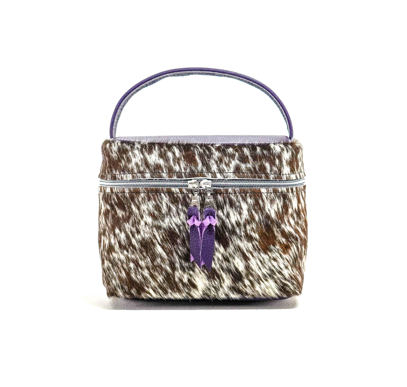 Caboose - Chocolate & White w/ Purple Leather-Caboose-Western-Cowhide-Bags-Handmade-Products-Gifts-Dancing Cactus Designs