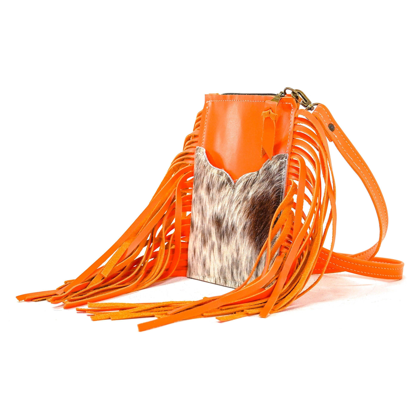 Carrie - Chocolate & White w/ Orange Leather-Carrie-Western-Cowhide-Bags-Handmade-Products-Gifts-Dancing Cactus Designs