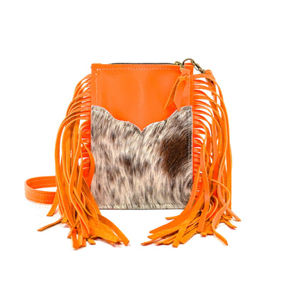 Carrie - Chocolate & White w/ Orange Leather-Carrie-Western-Cowhide-Bags-Handmade-Products-Gifts-Dancing Cactus Designs