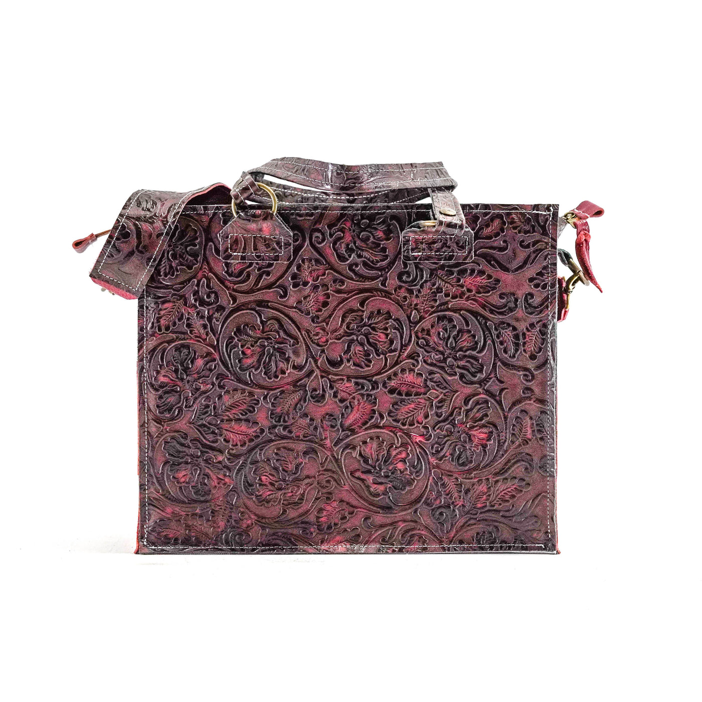 Clerk - All Embossed w/ Burgundy Tool-Clerk-Western-Cowhide-Bags-Handmade-Products-Gifts-Dancing Cactus Designs