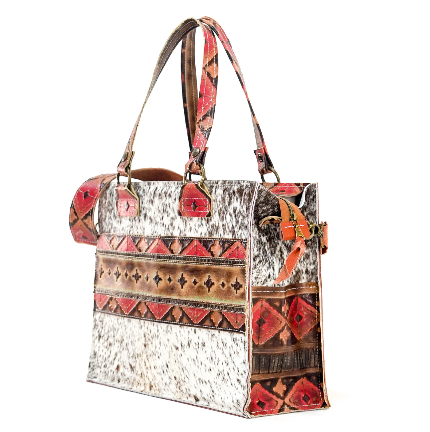 Clerk - Chocolate & White w/ Santa Fe Navajo-Clerk-Western-Cowhide-Bags-Handmade-Products-Gifts-Dancing Cactus Designs