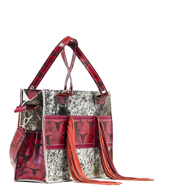 Clerk - Exotic Brindle w/ Burgundy Skulls-Clerk-Western-Cowhide-Bags-Handmade-Products-Gifts-Dancing Cactus Designs