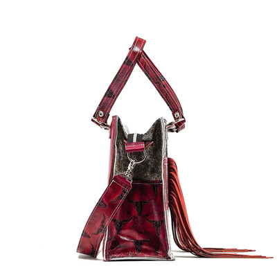 Clerk - Exotic Brindle w/ Burgundy Skulls-Clerk-Western-Cowhide-Bags-Handmade-Products-Gifts-Dancing Cactus Designs