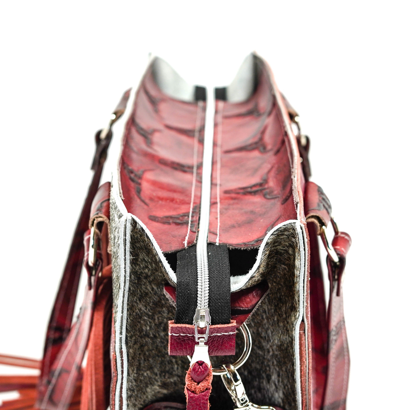 Clerk - Exotic Brindle w/ Burgundy Skulls-Clerk-Western-Cowhide-Bags-Handmade-Products-Gifts-Dancing Cactus Designs