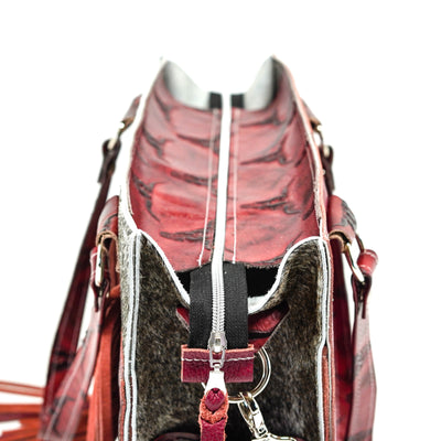 Clerk - Exotic Brindle w/ Burgundy Skulls-Clerk-Western-Cowhide-Bags-Handmade-Products-Gifts-Dancing Cactus Designs