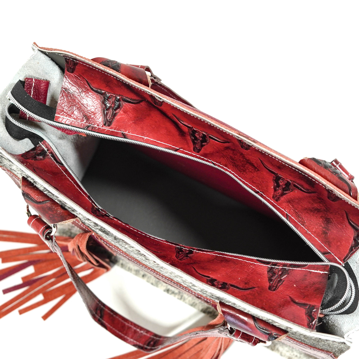 Clerk - Exotic Brindle w/ Burgundy Skulls-Clerk-Western-Cowhide-Bags-Handmade-Products-Gifts-Dancing Cactus Designs