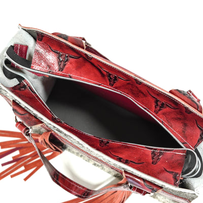 Clerk - Exotic Brindle w/ Burgundy Skulls-Clerk-Western-Cowhide-Bags-Handmade-Products-Gifts-Dancing Cactus Designs