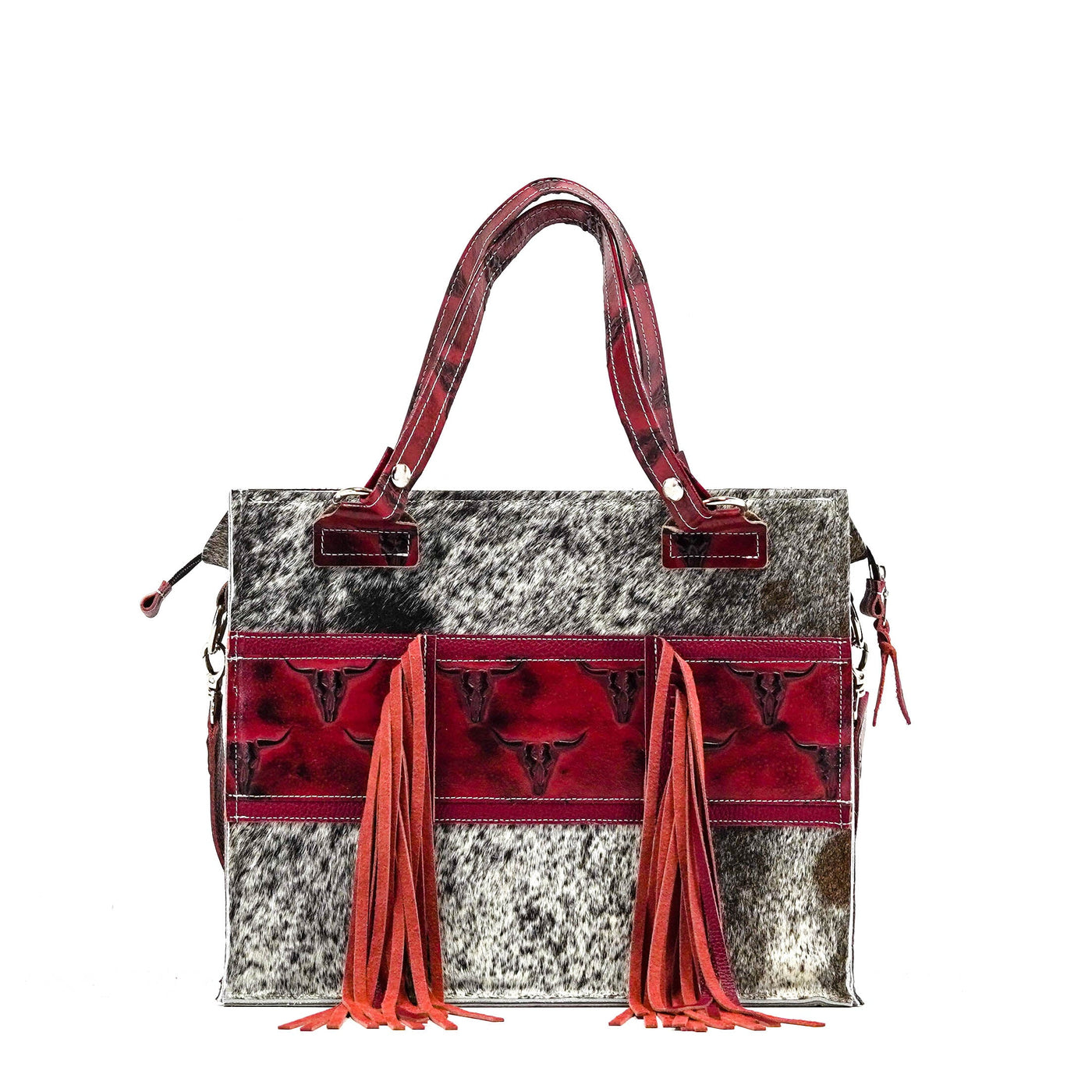 Clerk - Exotic Brindle w/ Burgundy Skulls-Clerk-Western-Cowhide-Bags-Handmade-Products-Gifts-Dancing Cactus Designs