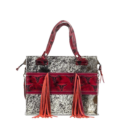 Clerk - Exotic Brindle w/ Burgundy Skulls-Clerk-Western-Cowhide-Bags-Handmade-Products-Gifts-Dancing Cactus Designs