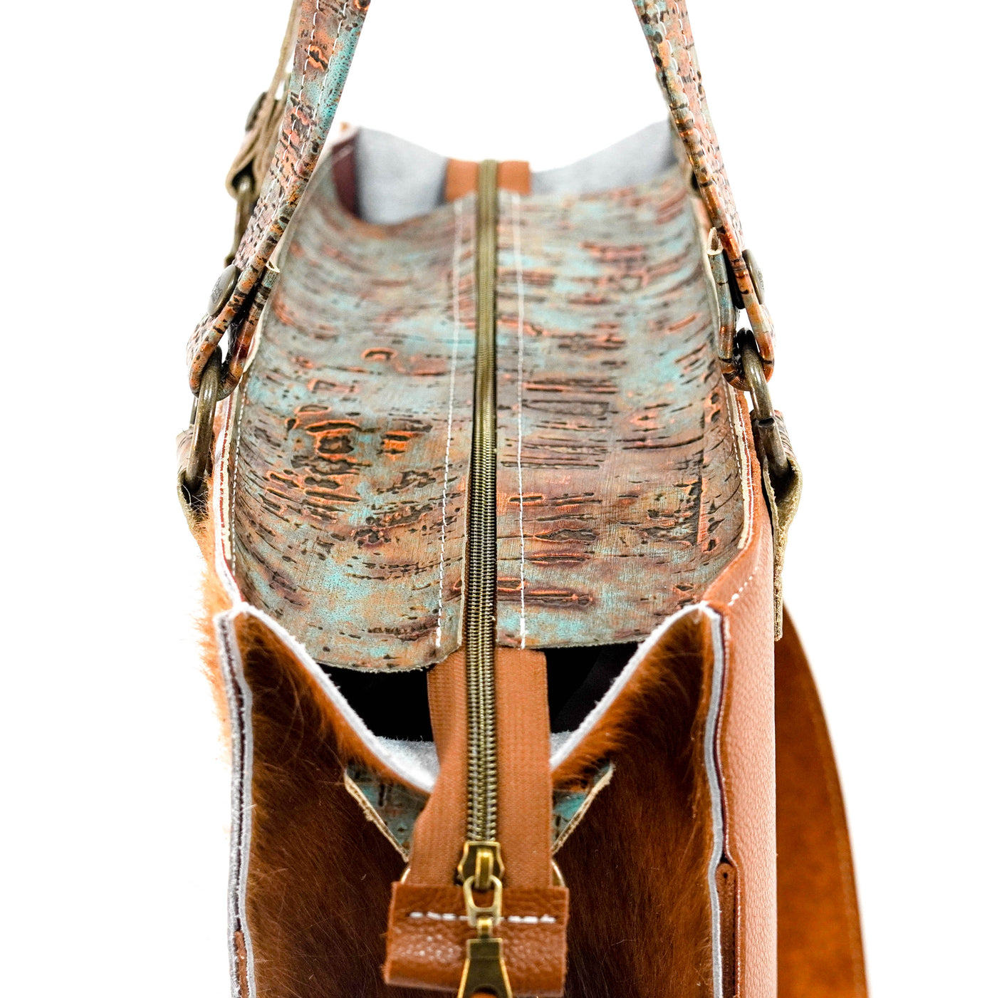 Clerk - Tricolor w/ Patina Driftwood-Clerk-Western-Cowhide-Bags-Handmade-Products-Gifts-Dancing Cactus Designs