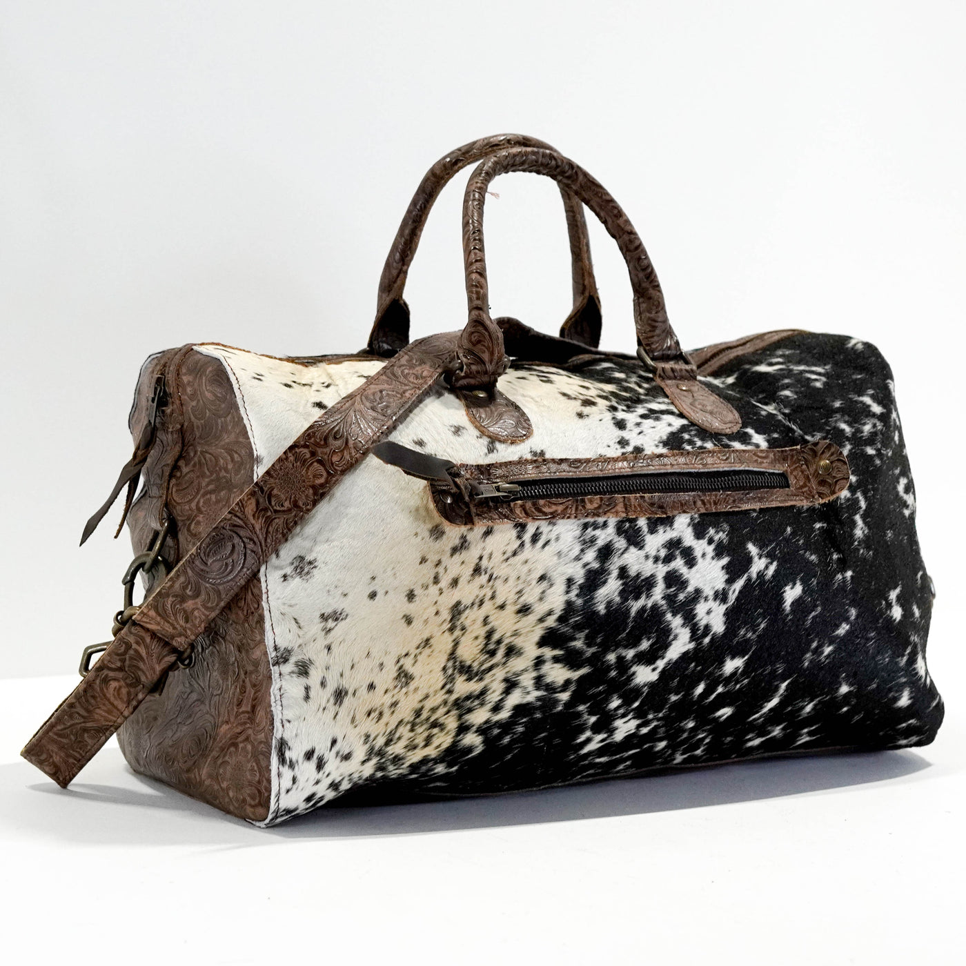 Duffel - Black & White w/ Mocha Wildflower-Duffel-Western-Cowhide-Bags-Handmade-Products-Gifts-Dancing Cactus Designs