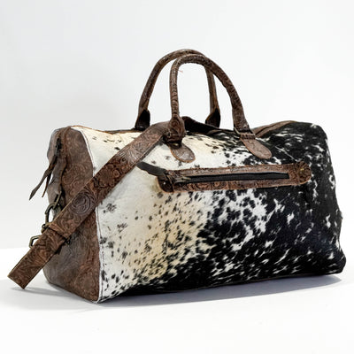 Duffel - Black & White w/ Mocha Wildflower-Duffel-Western-Cowhide-Bags-Handmade-Products-Gifts-Dancing Cactus Designs