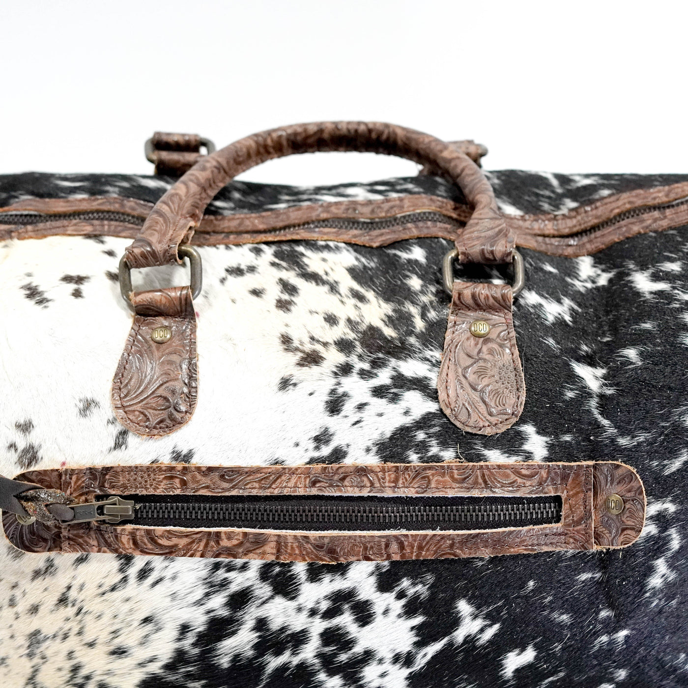Duffel - Black & White w/ Mocha Wildflower-Duffel-Western-Cowhide-Bags-Handmade-Products-Gifts-Dancing Cactus Designs