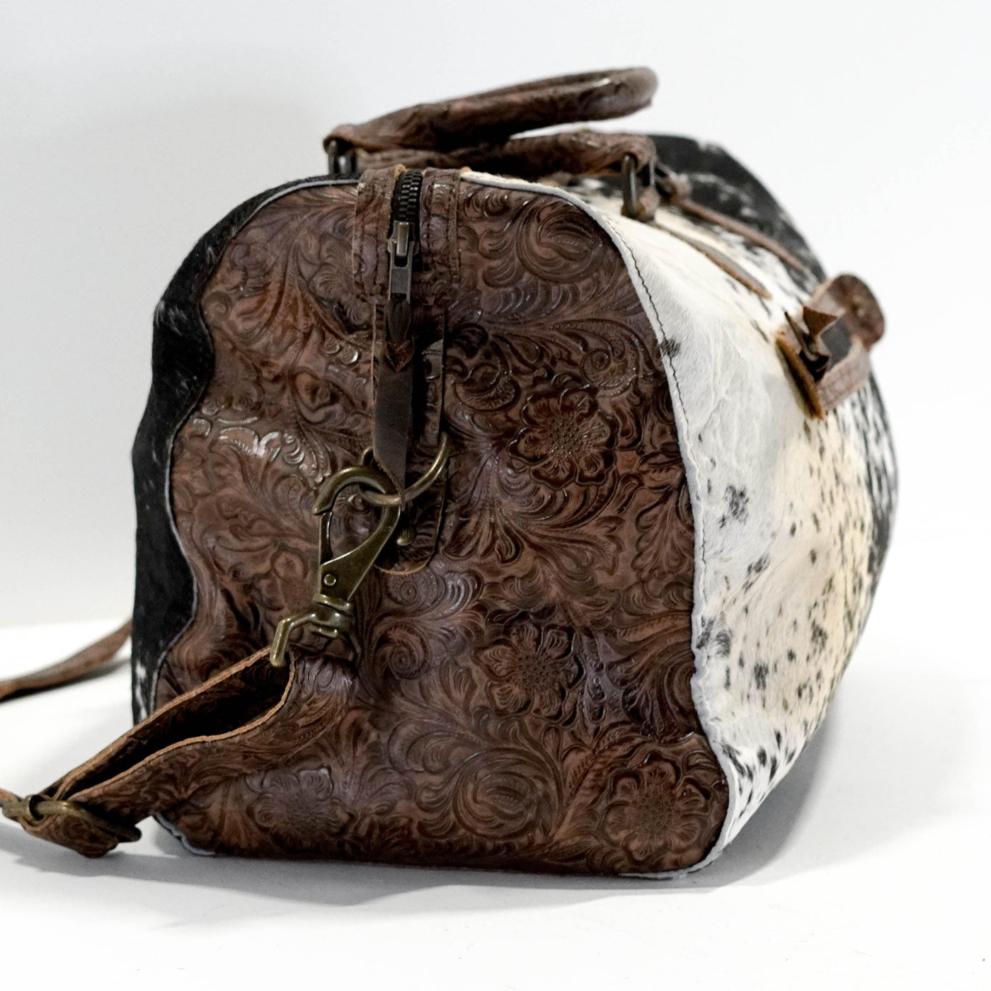 Duffel - Black & White w/ Mocha Wildflower-Duffel-Western-Cowhide-Bags-Handmade-Products-Gifts-Dancing Cactus Designs