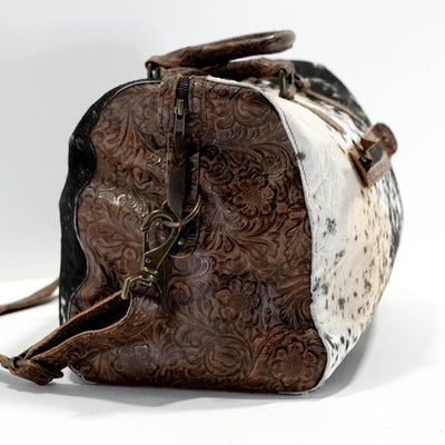 Duffel - Black & White w/ Mocha Wildflower-Duffel-Western-Cowhide-Bags-Handmade-Products-Gifts-Dancing Cactus Designs