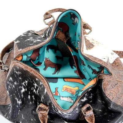 Duffel - Black & White w/ Mocha Wildflower-Duffel-Western-Cowhide-Bags-Handmade-Products-Gifts-Dancing Cactus Designs