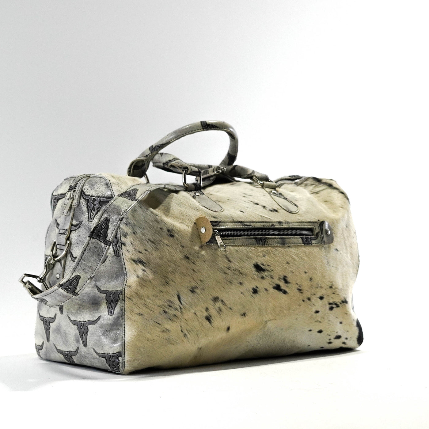 Duffel - Black & White w/ Smoke Show Skulls-Duffel-Western-Cowhide-Bags-Handmade-Products-Gifts-Dancing Cactus Designs