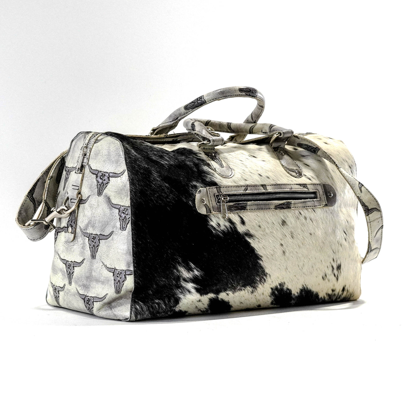 Duffel - Black & White w/ Smoke Show Skulls-Duffel-Western-Cowhide-Bags-Handmade-Products-Gifts-Dancing Cactus Designs