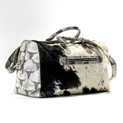 Duffel - Black & White w/ Smoke Show Skulls-Duffel-Western-Cowhide-Bags-Handmade-Products-Gifts-Dancing Cactus Designs