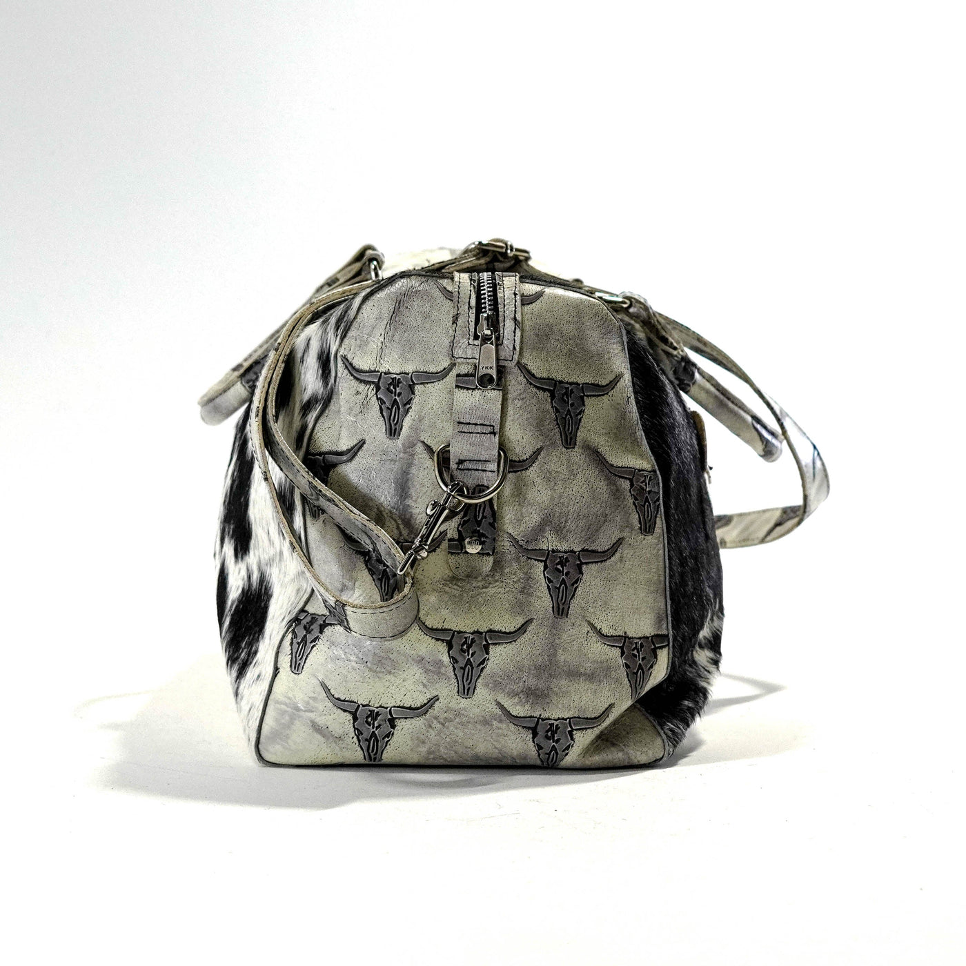 Duffel - Black & White w/ Smoke Show Skulls-Duffel-Western-Cowhide-Bags-Handmade-Products-Gifts-Dancing Cactus Designs
