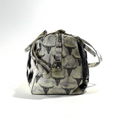 Duffel - Black & White w/ Smoke Show Skulls-Duffel-Western-Cowhide-Bags-Handmade-Products-Gifts-Dancing Cactus Designs